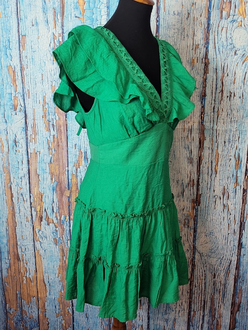 Green Ruffle V-Neck Mini Dress - Picture 4 of 9